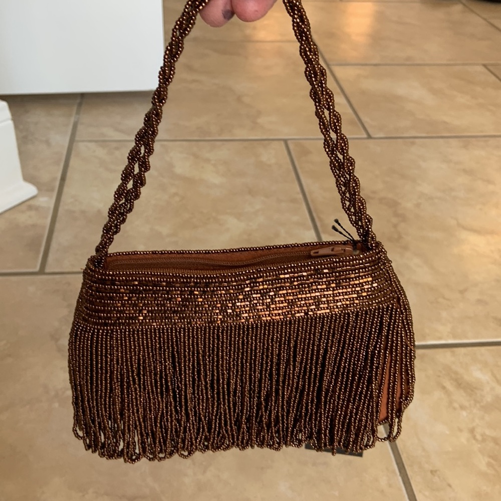 NWT Inge Christopher Brown Copper Beaded Small Evening Purse